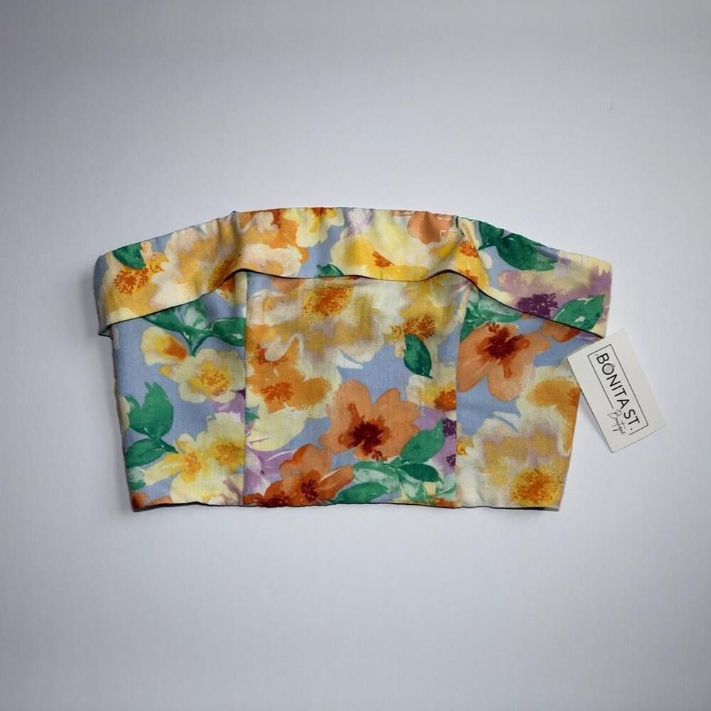 Brand new idem ditto colorful floral strapless crop top with folded neckline det